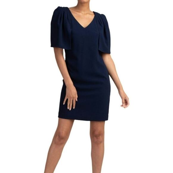 NWT Trina Turk Sz 4 Dark Blue Crepe Cape Sleeve Tie Back Preppy Event Dress - Picture 1 of 12